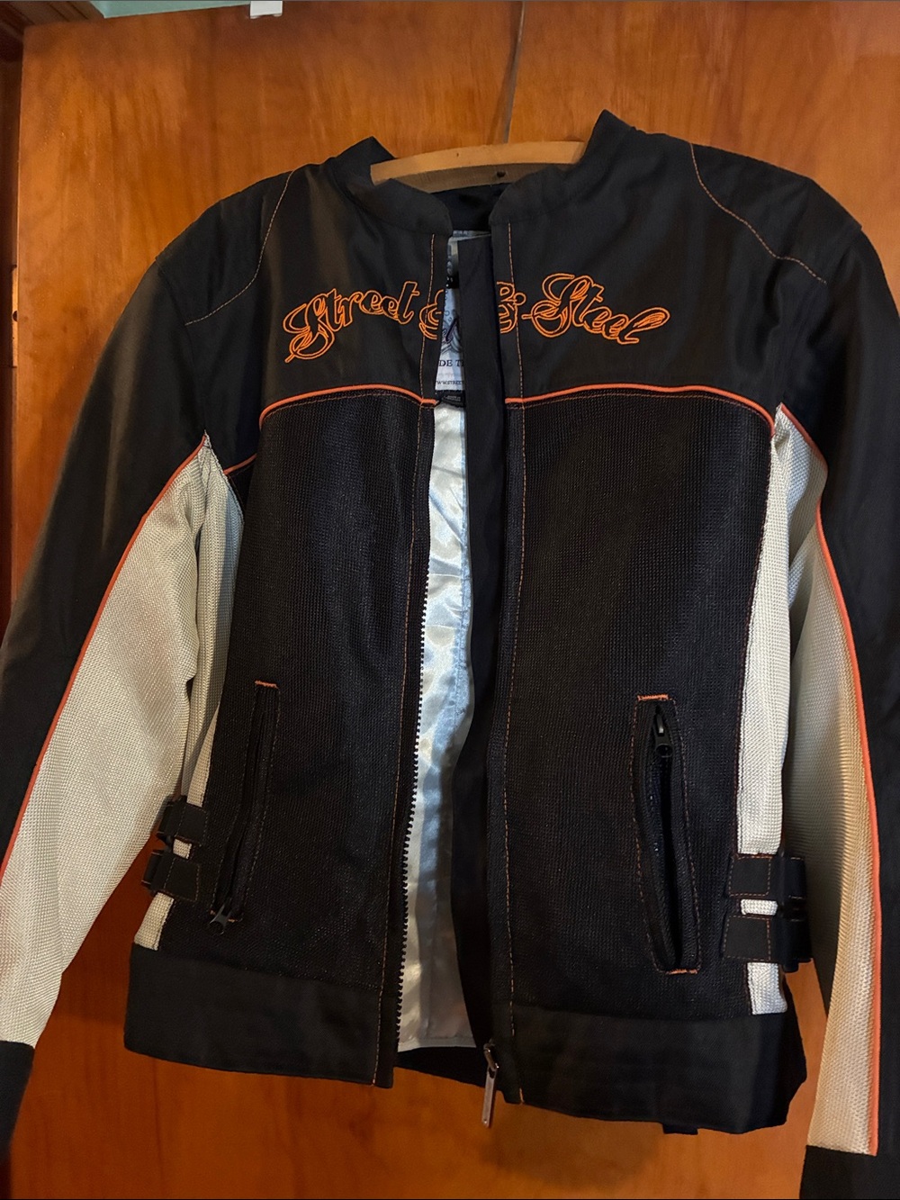 Women's Padded Black and White Mesh Moto Jacket with Orange Piping